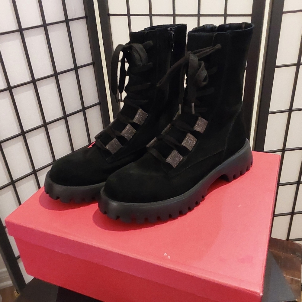 Vaneli Black Lace-Up Moto Boots